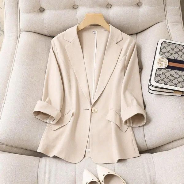 Damenanzüge Anzug Blazer Basic Baumwolle Leinen Dreiviertel Single Button Jacke Sommer 2023 Koreanische Mode Lässige kurze Jacken Mantel