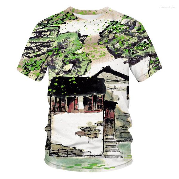 Camisetas masculinas verão impressão 3D pintura com pincel chinês moda masculina t-shirt tendência casual decote em O manga curta estilo de rua tops