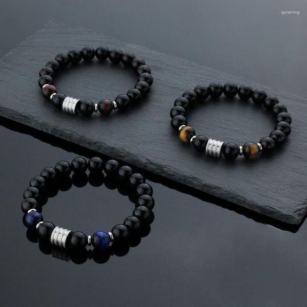 Filo 10MM Perline nere Bracciale con perline Occhio di tigre Pietra Accessori in acciaio inossidabile Ornamenti per le mani