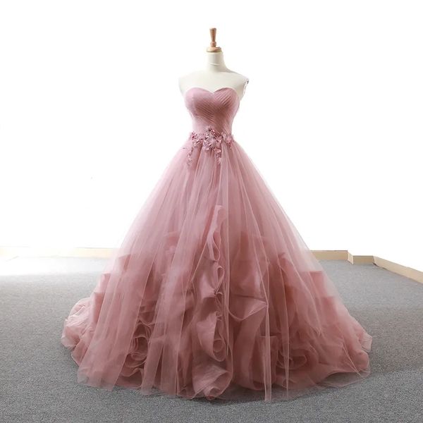 Abiti da sposa in abito da ballo con applicazioni di pizzo rosa polveroso 2023 Abiti da sposa principessa con perline a cuore Robe De Mariee