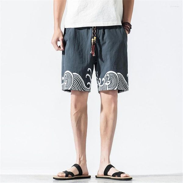 Männer Shorts Sommer Leinen Männer Mode Lässig Chinesischen Stil Welle Druck Kurze Hosen Männlich Strand