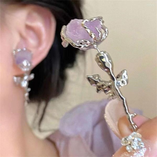 Orecchini pendenti Trendy Crystal Purple Flower Natural Stone Sweet Temperament Stud per gioielli personalizzati da donna 2023