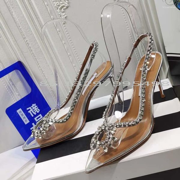 Sandalen Strass Kette Pumps 2023 Hohl Spitzschuh Transparent PVC High Heels Damen Echtes Leder Mode Sexy Elegant