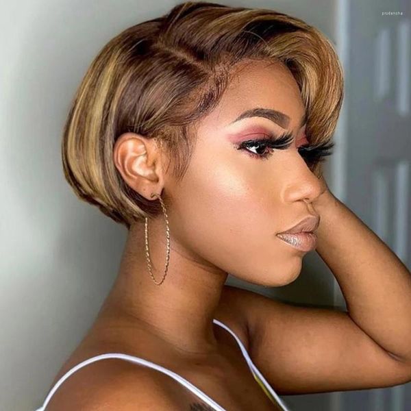 Highlight Menschliches Haar Pixie Cut Ombre Perücken Für Frauen Transparente Spitze T Teil Natürliche Brasilianische Knochen Gerade Kurze Bob perücke