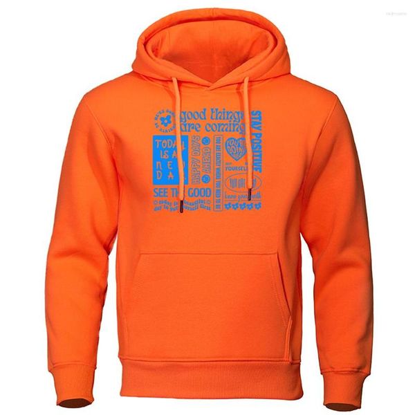 Hoodies masculinos Coisas boas estão chegando hoje é um dia Moletom masculino com gola redonda Moletom fofo de lã engraçado outono roupas esportivas quentes