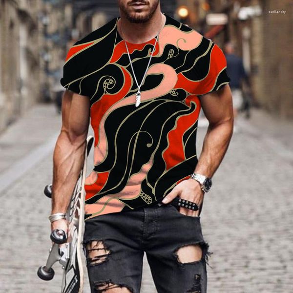 Camisetas masculinas padrão geométrico abstrato e moda feminina camisa 3dt de manga curta primavera verão top gola redonda streetwear