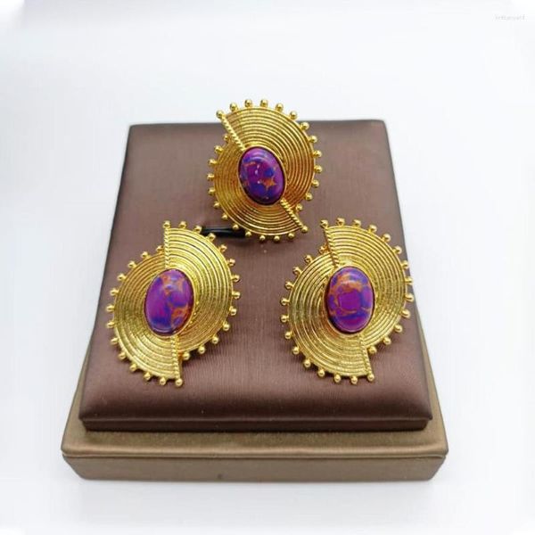 Collana Orecchini Set Gioielli Africani Per Le Donne Forma A Spirale Moda Purpuse Stone Finger Ring Dubai Luxury Gold Color