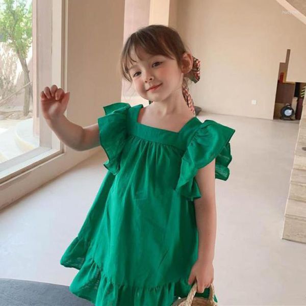 Vestidos para meninas meninas bonitas verão manga pétala algodão pregas na altura do joelho verde vermelho vestido de festa crianças moda infantil roupas de laço bonito 2-8 anos