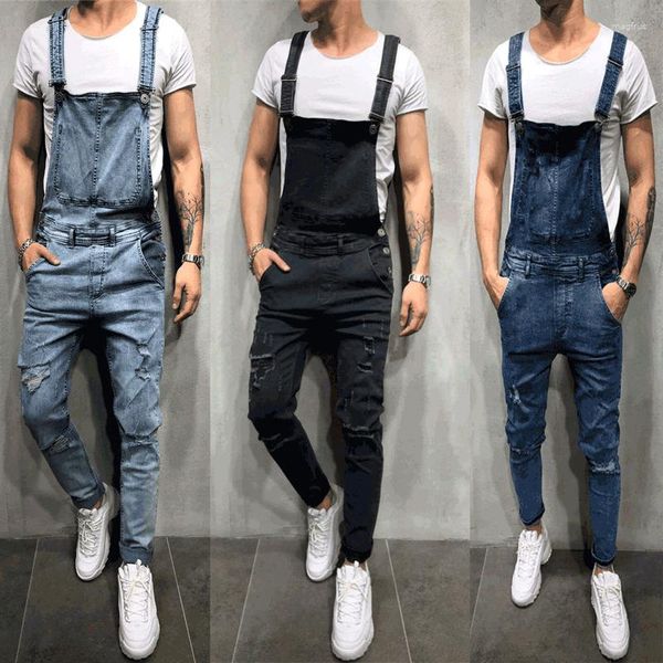 Herren Jeans Zerrissener Overall High Street Distressed Denim Overalls Mode Patchwork