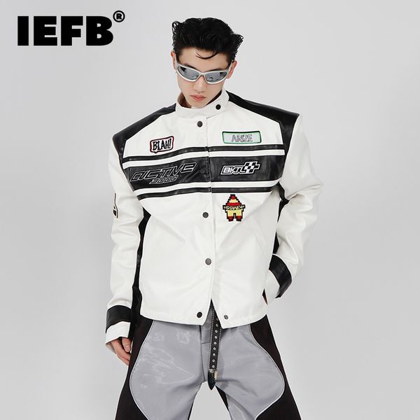 Chaquetas de hombre IEFB Chaqueta de moto Tendencia Almohadilla de hombro para hombre Diseño de nicho Abrigo empalmado de cuero sin cuello Ropa de béisbol Otoño 9C1380 230804