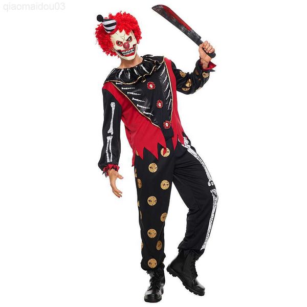 Tema Traje Masculino Esqueleto Assustador Palhaço De Circo Halloween Come Droll Joker Horror Máscara Carnaval Show De Palco Conjunto Cosplay Bone Skull Party Dress L230804