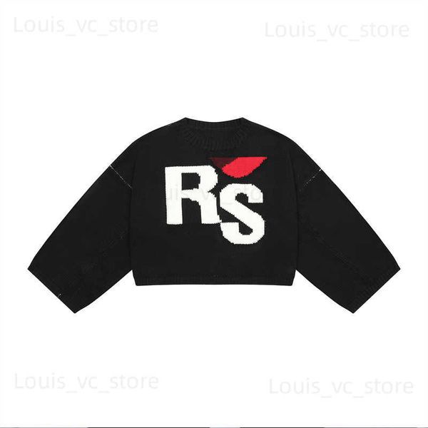 Suéter masculino raf simons 2023ss novo clássico rs letras manga curta solta em torno do pescoço camisola de lã de malha v2