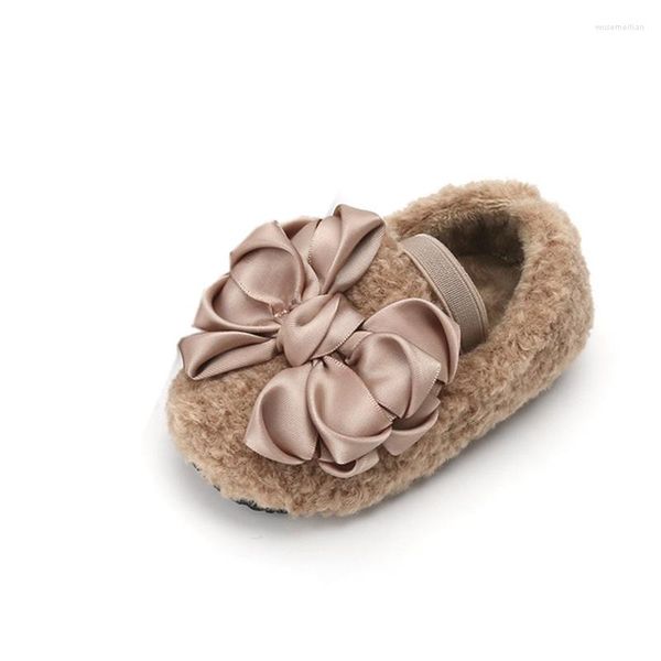 Primi camminatori 12-15,5 cm Scarpe da pavimento per neonate calde per l'inverno Carino Papillon-nodo Marrone solido Donna Bambino più spesso