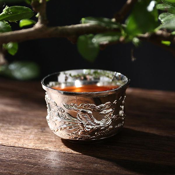 Tassen Untertassen Handgefertigte Teetasse aus vergoldetem Silber, hochwertiges Baifu-Drachen- und Phönix-Koi-Antike-Teetasse-Haushaltsschalen-Set