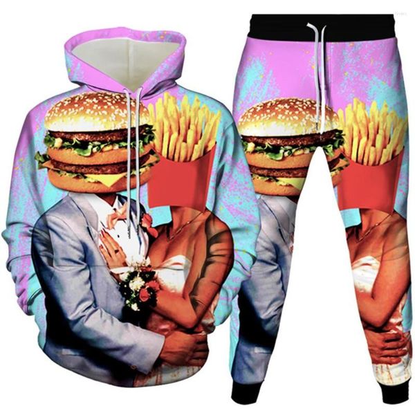 Erkeklerin Trailtsuits Sushi Noodle Çikolata Gıda Meyve Gezegeni Hamburger Patates Kızartması Mantar Kostümü Homme 2 Parça Takip Men Hoodies Pantolon