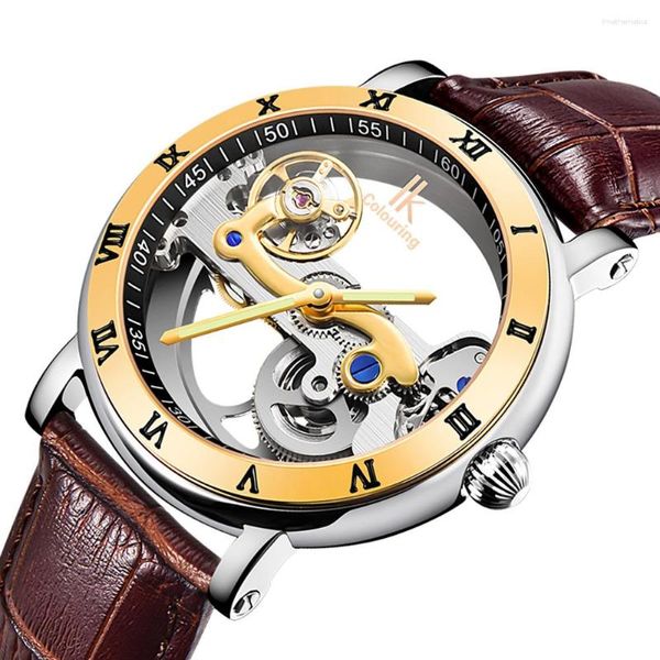 Orologi da polso IK Colorazione Cassa dorata Scheletro Orologi Cinturino in pelle marrone Automatico per uomo Orologio trasparente Regalo per feste