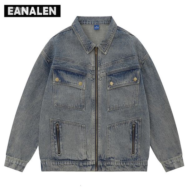 Erkek Ceketler Harajuku Retro Fonksiyonel Çok Loket Zipper Denim Ceket Kısa Büyük Boy İş Laps Motosiklet Yakışıklı 230804