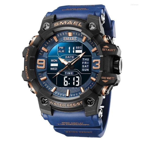 Armbanduhren Smael Sportuhren Herren Militär Dual Time Uhr Digitale LED-Uhr Männlich Wasserdicht Display Armbanduhr Stoppuhr 8049