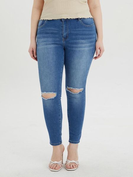 Calça Jeans Feminina Alta Alongamento Magra Lápis Leggings Moda Feminina Casual Pés Pequenos Feminino Hole Flare
