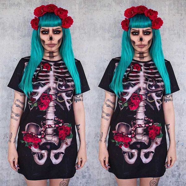 Tema Costume Donna Halloween Bloody Skeleton Stampa Camicie Festa Carnevale Skull Rose Spaventoso Zombie Night Club T-shirt Top Horror Bride Come L230804