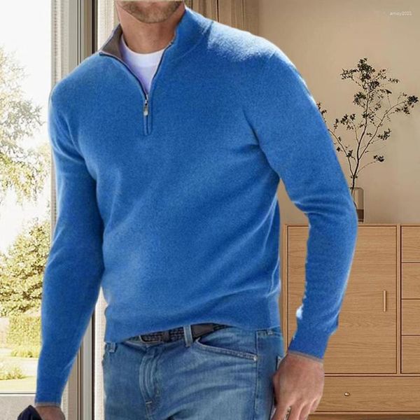 Maglioni da uomo Maglione con scollo a cerniera Elegante autunno inverno Slim Fit Colletto alla coreana Collo morbido Elevato guardaroba con solido