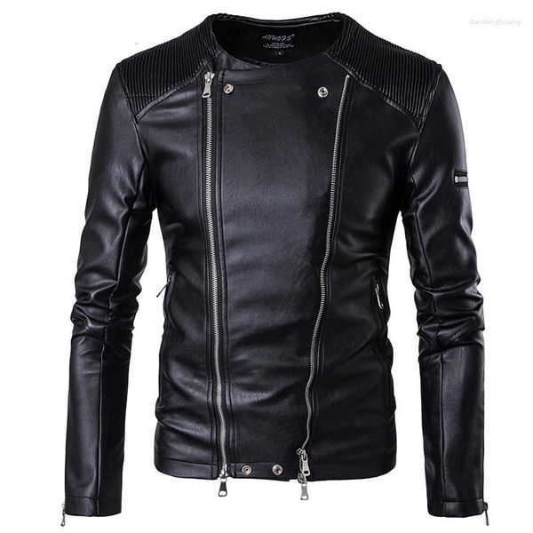 Herrenjacken Männer Ankunft Weiches Leder O-Ausschnitt Jacke Reißverschluss Motorrad Biker Kleidung Schwarz M-5XL Top Qualität