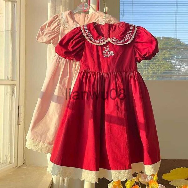 Abiti da ragazza New Summer Red Pink Floral Lace Dress Lolita Child Girls Midi Dress Abiti per bambini per adolescenti Party Princess Sundress x0806