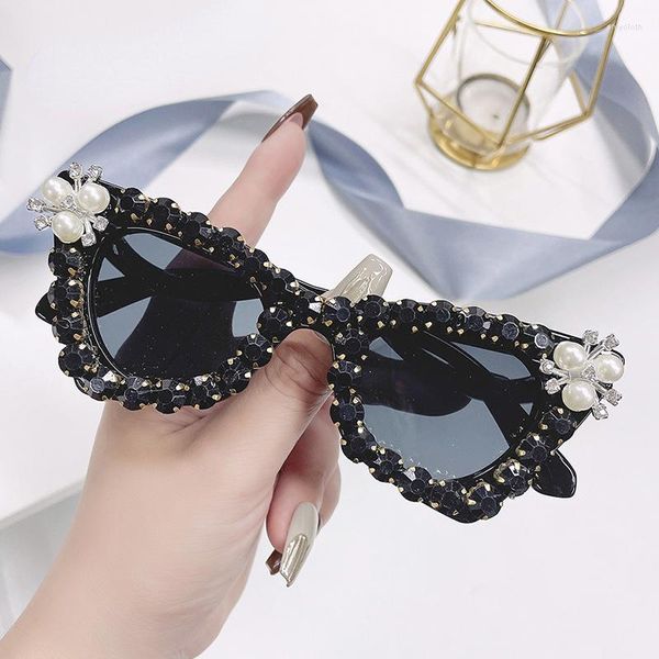 Sonnenbrille 2023 Cat Eye Sonnenbrille Weibliche Outdoor Shopping Shades Diamant Fahren Brillen Retro Perle Oval