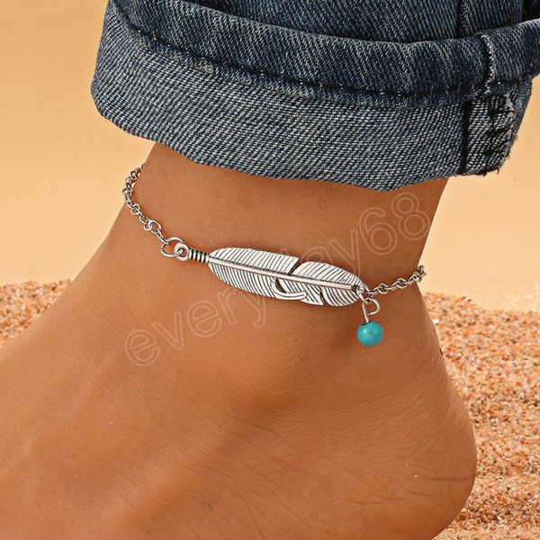 Bracciale alla caviglia con pendente in piuma di metallo vintage per donna, uomo, moda, catena del piede, accessori per gioielli da spiaggia estivi