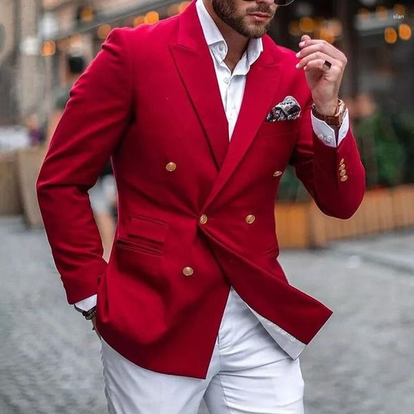 Ternos masculinos casuais vermelhos com seios duplos com calças brancas justas para baile de formatura noivo smoking traje de casamento 2 peças blazer moderno