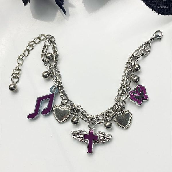 Charm Bracelets Y2k Roxo Strass Harajuku Music Note Esmalte Butterfly Bracelet For Women Girls Elegant Party Gifts Rock Jewelry