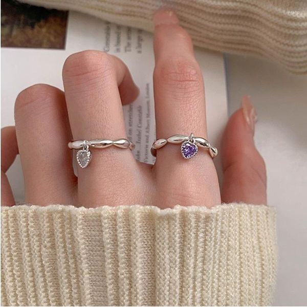 Cluster Rings Real 925 Sterling Silver Personality White Purple Heart Anel Retro Ajustável Jóias Finas Para Mulheres Festa Acessórios Elegantes