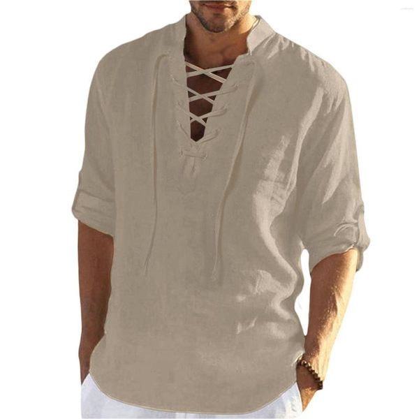 T-shirt da uomo 2023 Camicetta casual Camicia di lino in cotone Top T-shirt a maniche lunghe Autunno abbottonatura inclinata Vintage Oversize