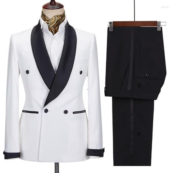 Abiti da uomo Abito da uomo Blazer Smoking da sposa bianco Scialle nero Risvolto Giacca doppiopetto Pantaloni Due pezzi Slim Fit Costume Homme 2023