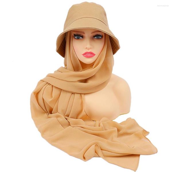 Sciarpe Plain Solid Bubble Chiffon Hijab istantaneo con cappelli a secchiello Donne Breathe Cover-up Scialle musulmano Sciarpa Wrap Snood Bonnet Foulard