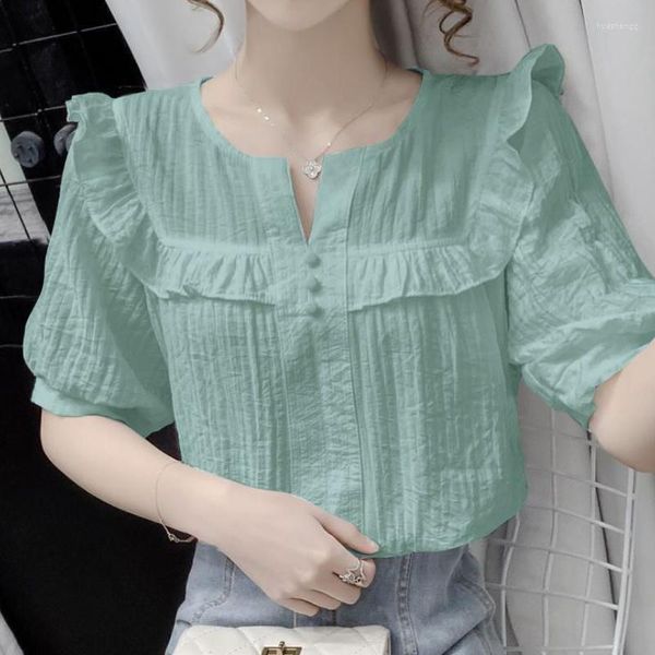 Camicette da donna Camicia in chiffon verde foglia di loto Camicetta moda primavera estate 2023 Elegante manica corta stile coreano Casual per donna