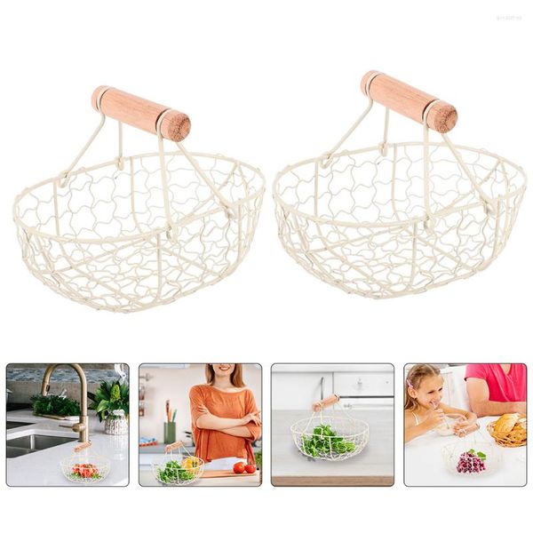 Set di stoviglie 2 pezzi Cestino da dessert multifunzione Rete metallica Uova di frutta Raccolta decorazioni retrò Scatola di immagazzinaggio in filo con manico in legno