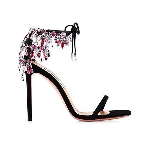 Aquazzura Love borlas Strass Crystal Sandals Stiletto Heels Designers de luxo feminino Sola de couro genuíno Sapatos de festa à noite calçados de fábrica Com caixa