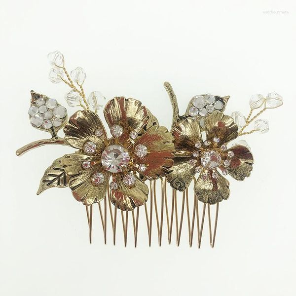 Conjunto de pentes de cabelo vintage cor de ouro pérola strass flor de metal para noivas senhoras viagem baile de formatura