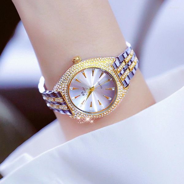 Bilek saatleri 2023 BS Diamond Watch Kadınlar Zarif Bayan Bilek Kuvars Su Geçirmez Altın Saatler Relogio Feminino