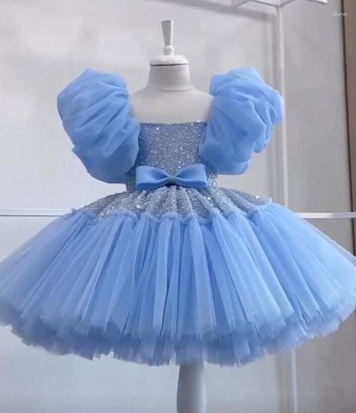 Mädchenkleider Blaues Babykleid mit Schleife, bauschig, für Mädchen, Kommunion, knielang, Blumen-Kindergeburtstagskleid