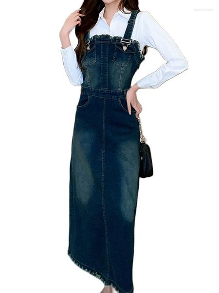 Casual Kleider Strap Denim Rock Slim Fit Langes Kleid 2023 Sommer Koreanische Mode Damen Kleidung