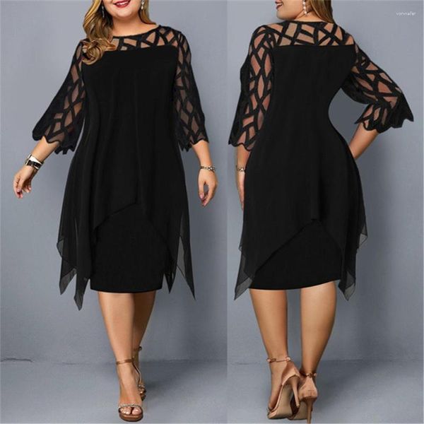 Vestidos Casuais Elegante Midi Vestido de Festa Para Chubby Renda Manga Oca Sólida Feminina Xxl O Neck Roupas Femininas Sexy Noite 2023