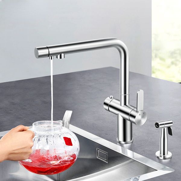 Gebürsteter Küchenarmatur, 304 Edelstahl, Heiß- und Kaltwasserfilter, Trinkwasser mit Heißwasser-Spritzpistole, 3-in-1-Wasserhahn