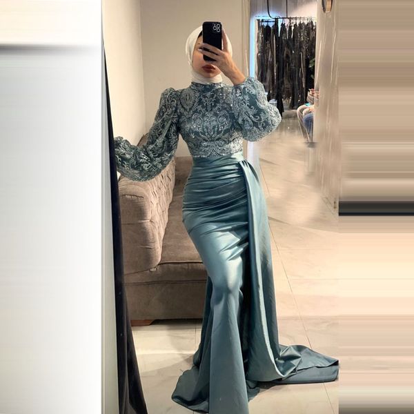 Dubai Muslim Mermaid Hijab Vestidos de Noite Manga Longa Robes De Soiree Gola Alta Apliques de Cetim Renda Vestido Formal