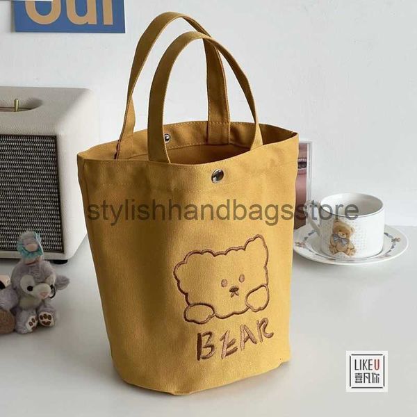 Schulterbestickte Little Bear Eimer-Tragetasche aus Segeltuch, einfach und vielseitig, tragbare Lunchbox mit kleinem Fassungsvermögen, Damentaschen, stilvolle Handtaschen, stilvolle Handtasche