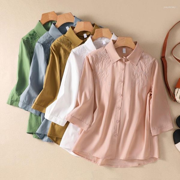Blusas femininas camisa de linho de algodão verão 2023 bordado vintage solto manga curta top floral roupas femininas YCMYUNYAN
