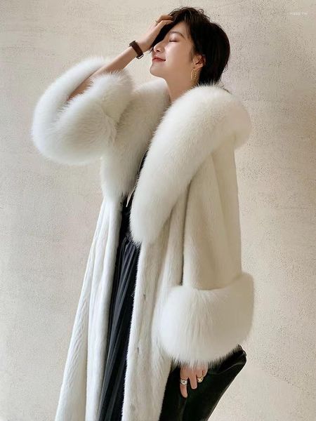 Pelliccia da donna Cappotto di visone bianco Donna Lungo Temperamento di lusso Calore spesso Giacche finte Inverno Coreano Chic Fluffy Trench Outwear