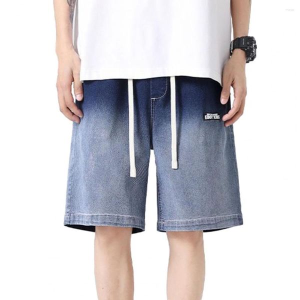 Jeans Masculino Shorts de Verão Cintura Elástica Cordão Perna Larga Reta Altura do Joelho Bolsos Curtos