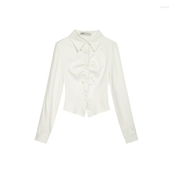 Blusas femininas plissadas design fino manga comprida camisa branca primavera outono estilo pendulares jovem menina cardigã fino de seio único
